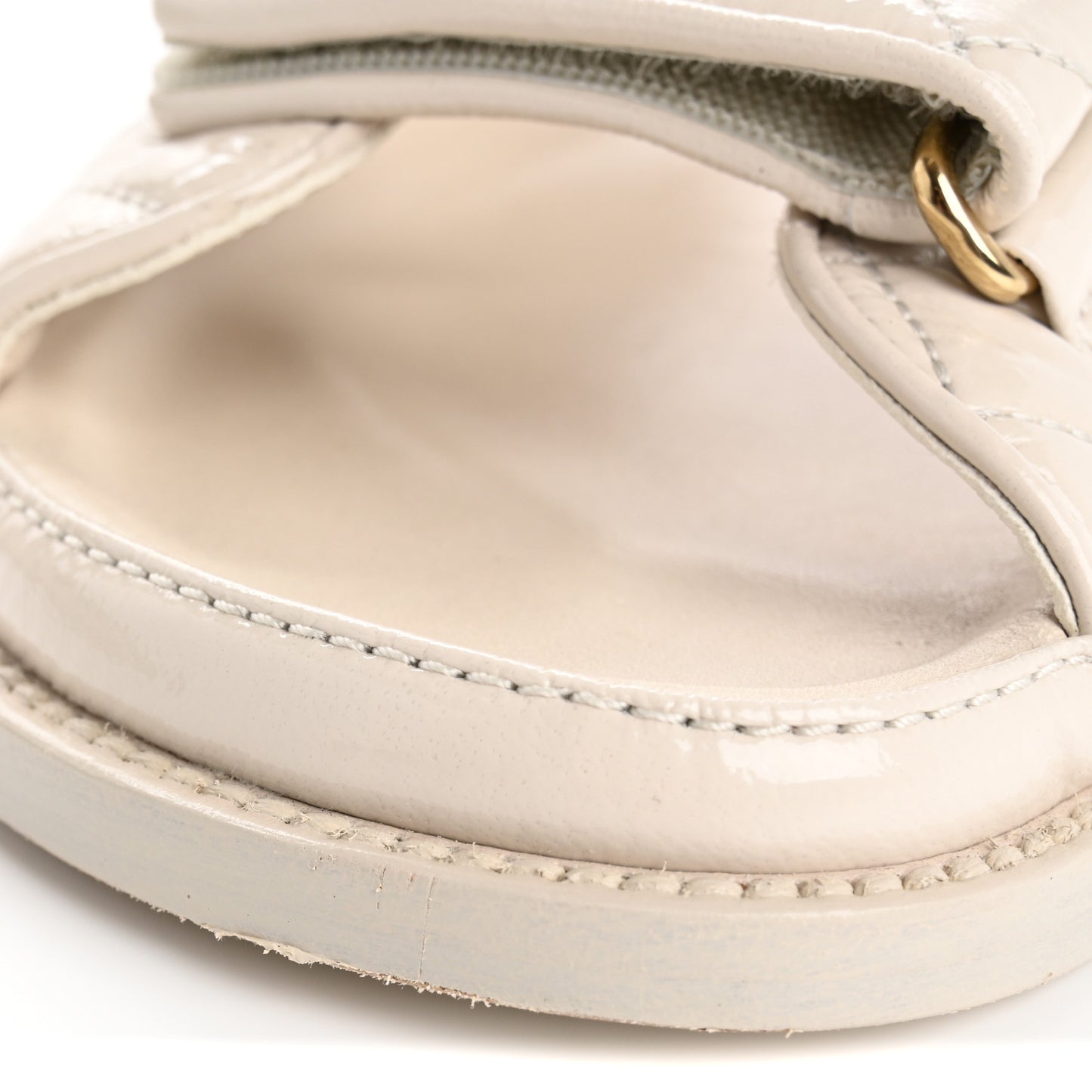 Shiny Calfskin Crystal Quilted Velcro Dad CC Slide Sandals 36.5 Light Beige