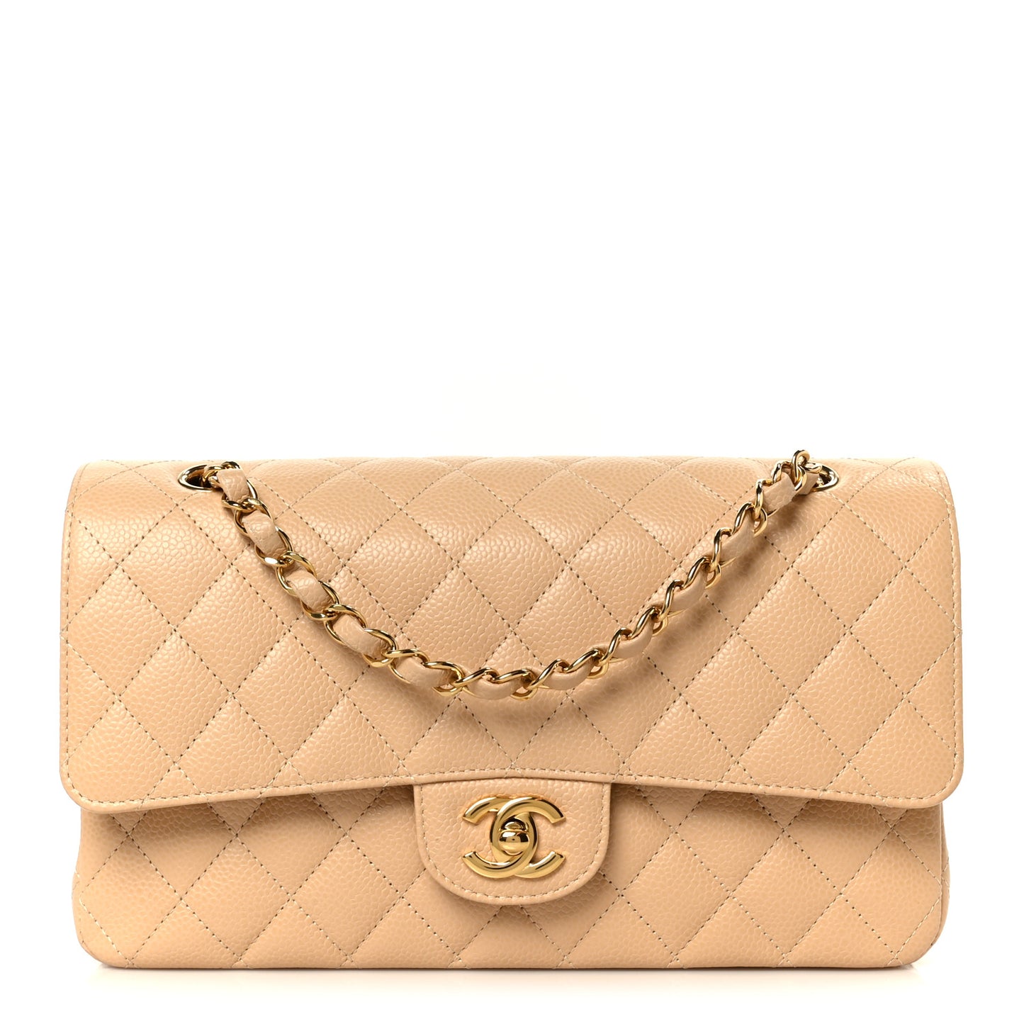 Caviar Quilted Medium Double Flap Beige