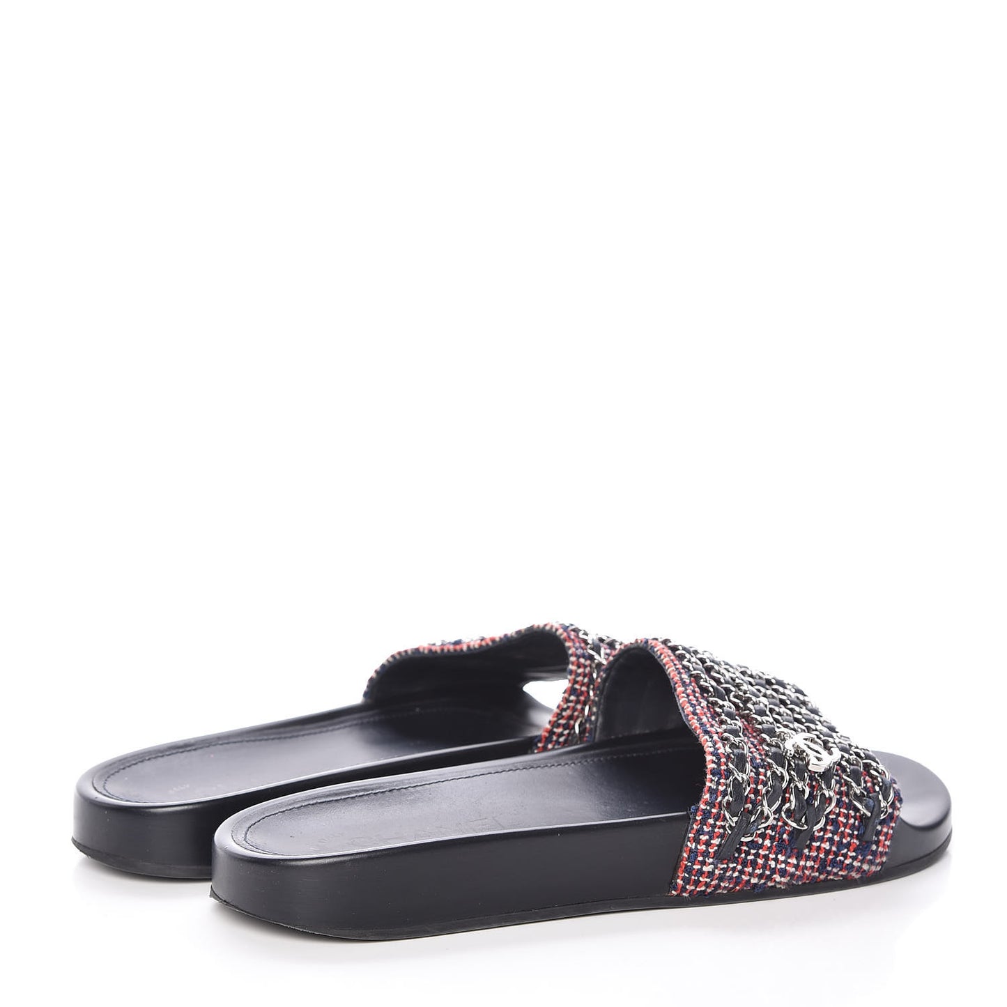 Tweed Lambskin Chain Flat Sandals 39 Black Multicolor