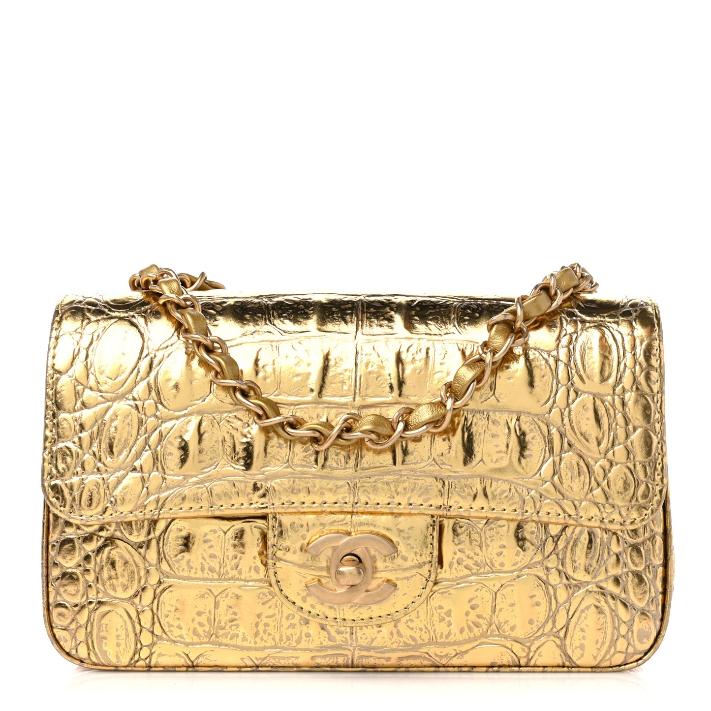 Metallic Calfskin Crocodile Embossed Cocodile Rectangular Mini Flap Gold