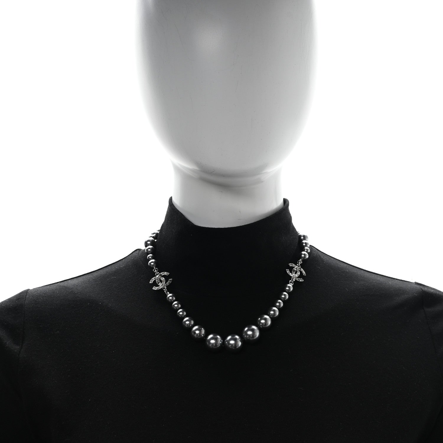 Chanel Crystal Baguette Graduated Pearl CC Short Necklace Silver Grey 2 of 5