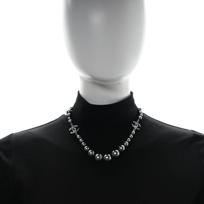 Chanel Crystal Baguette Graduated Pearl CC Short Necklace Silver Grey 2 of 5