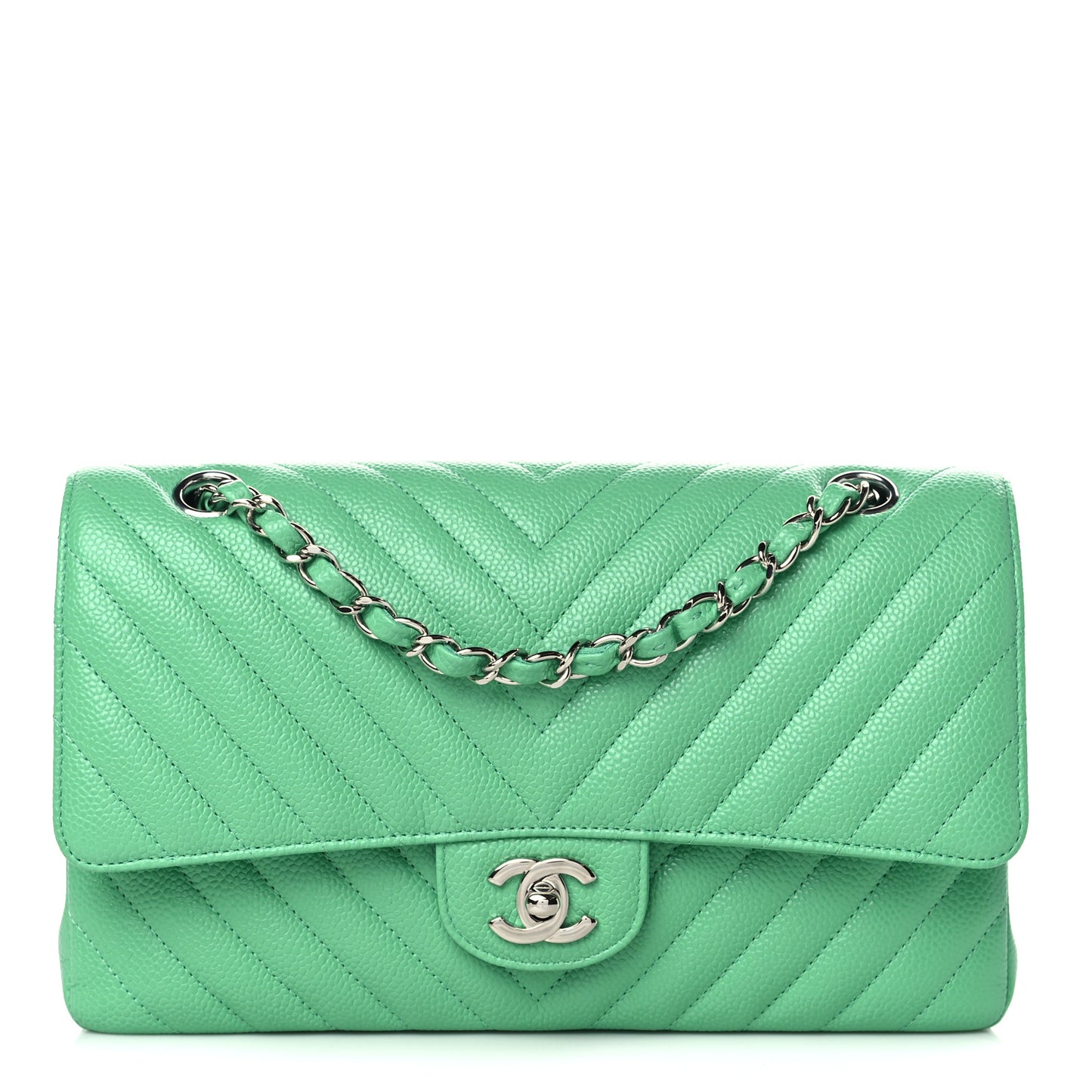 Caviar Chevron Quilted Medium Double Flap Green