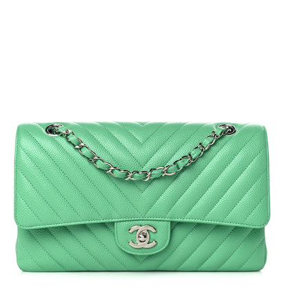 Chanel Caviar Chevron Quilted Medium Double Flap Green 1 of 9
