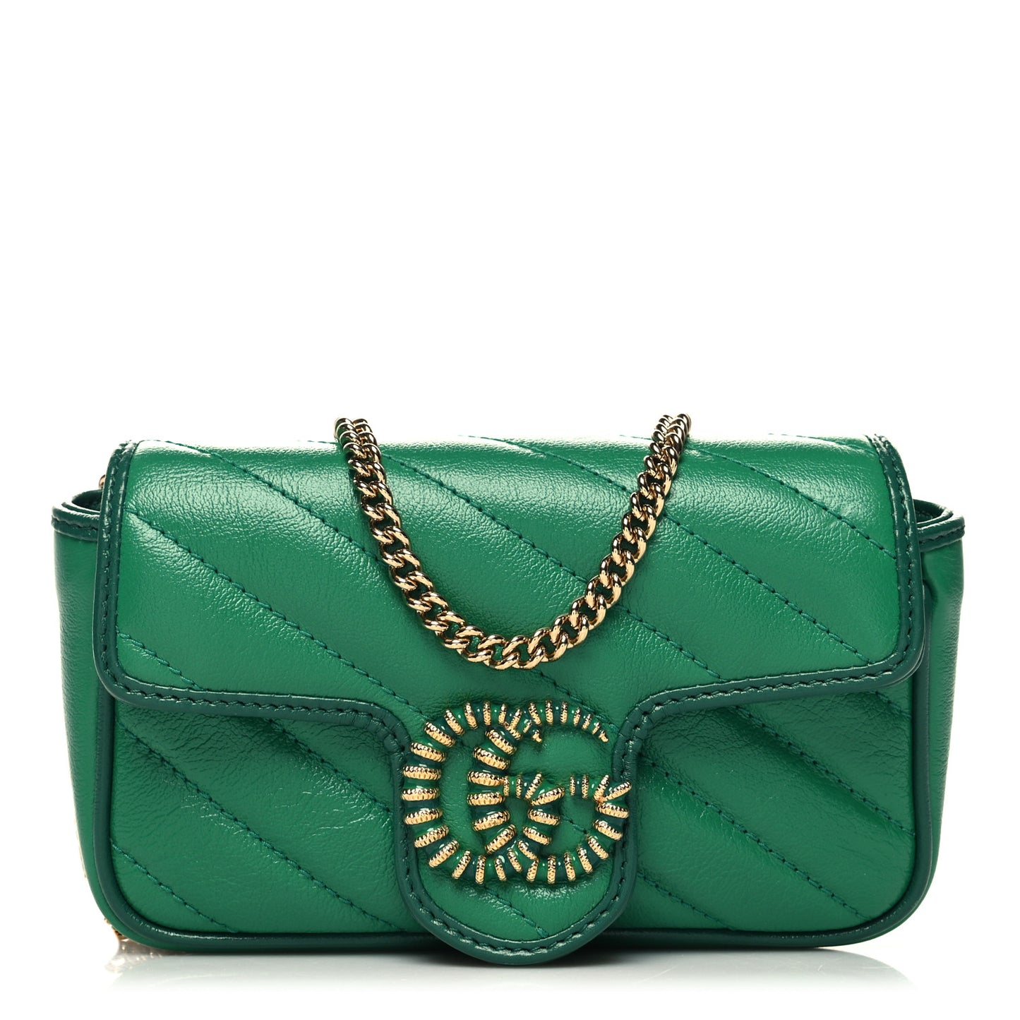 Azalea Calfskin Enamel Matelasse Diagonal Super Mini Torchon GG Marmont Shoulder Bag New Shamarock Emerald