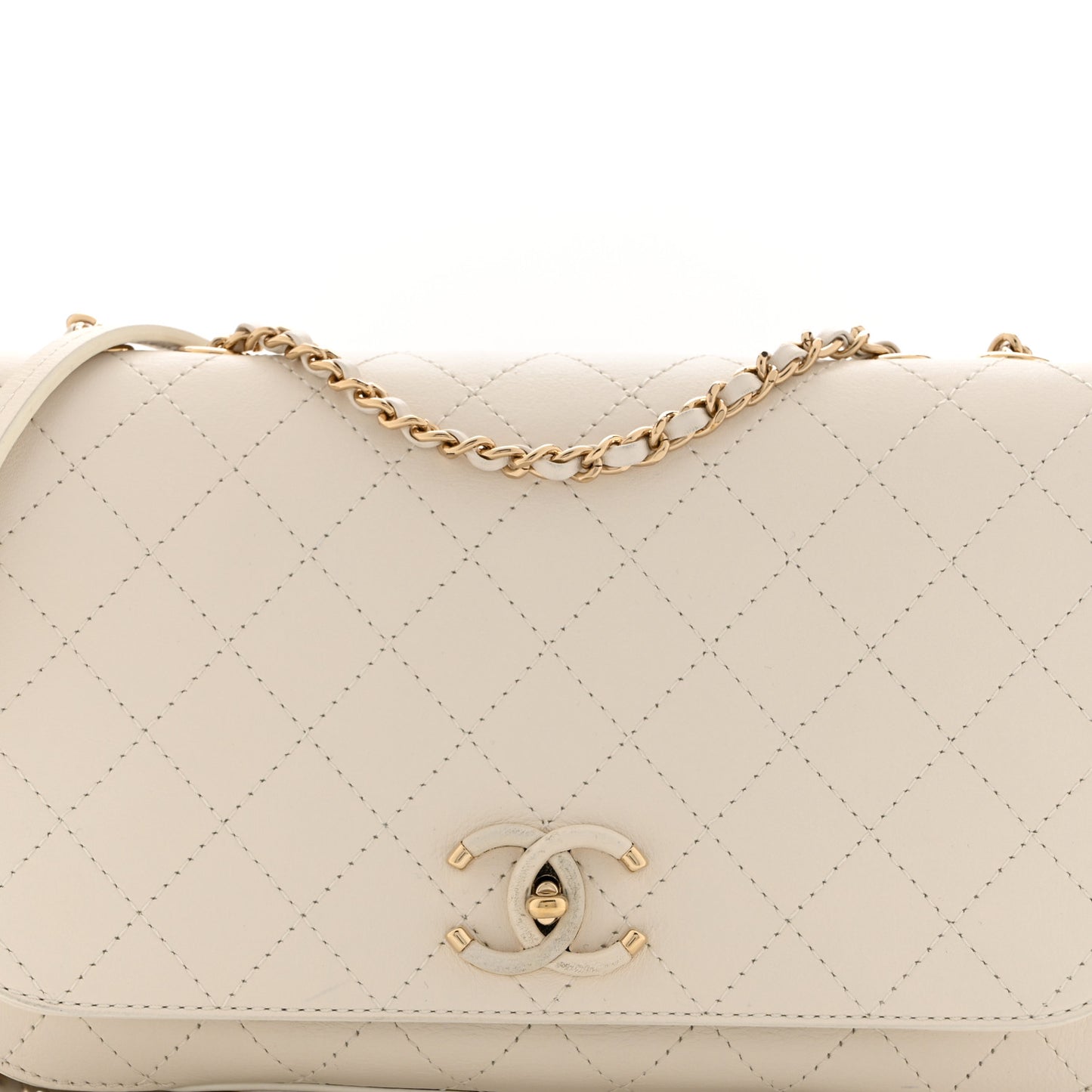 Calfskin Stitched Medium Covered CC Flap Bag White