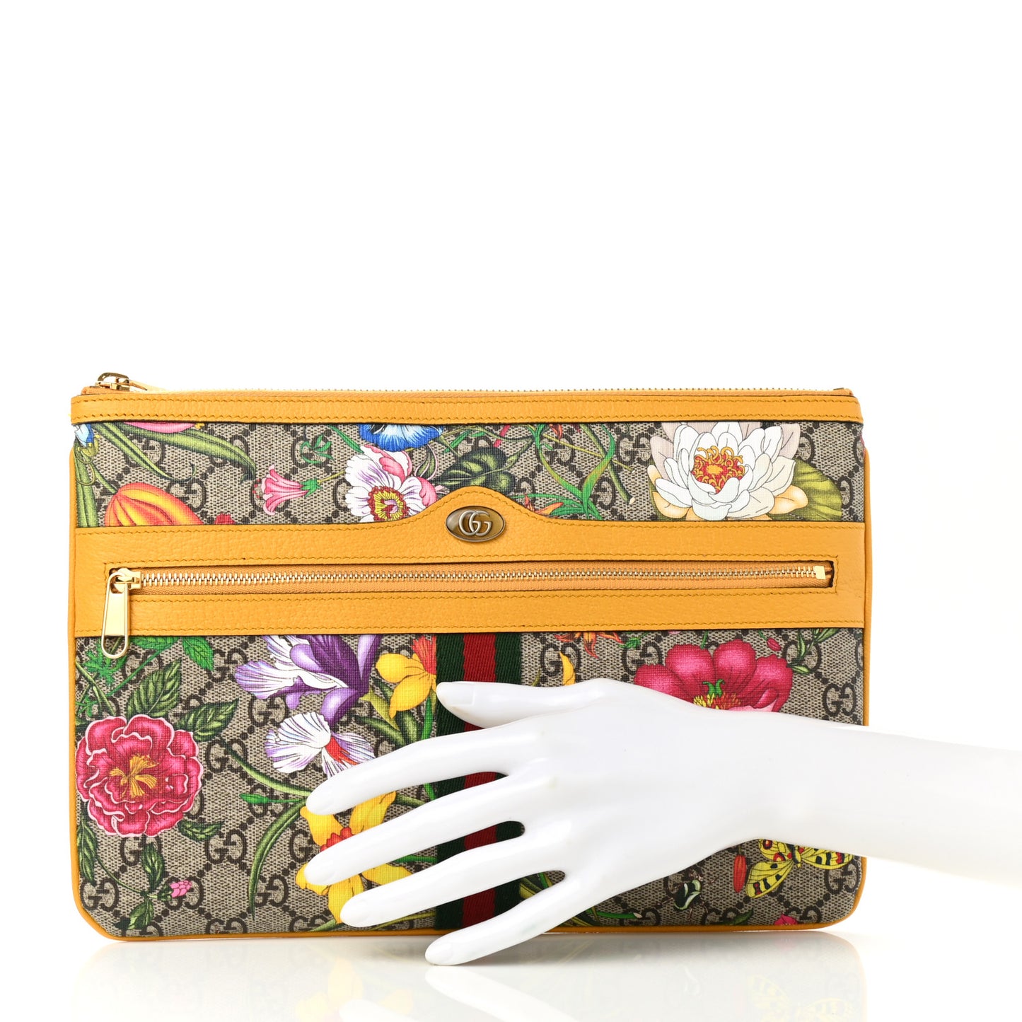 GG Supreme Monogram Flora Large Ophidia Pouch Clutch Beige Multicolor Crop