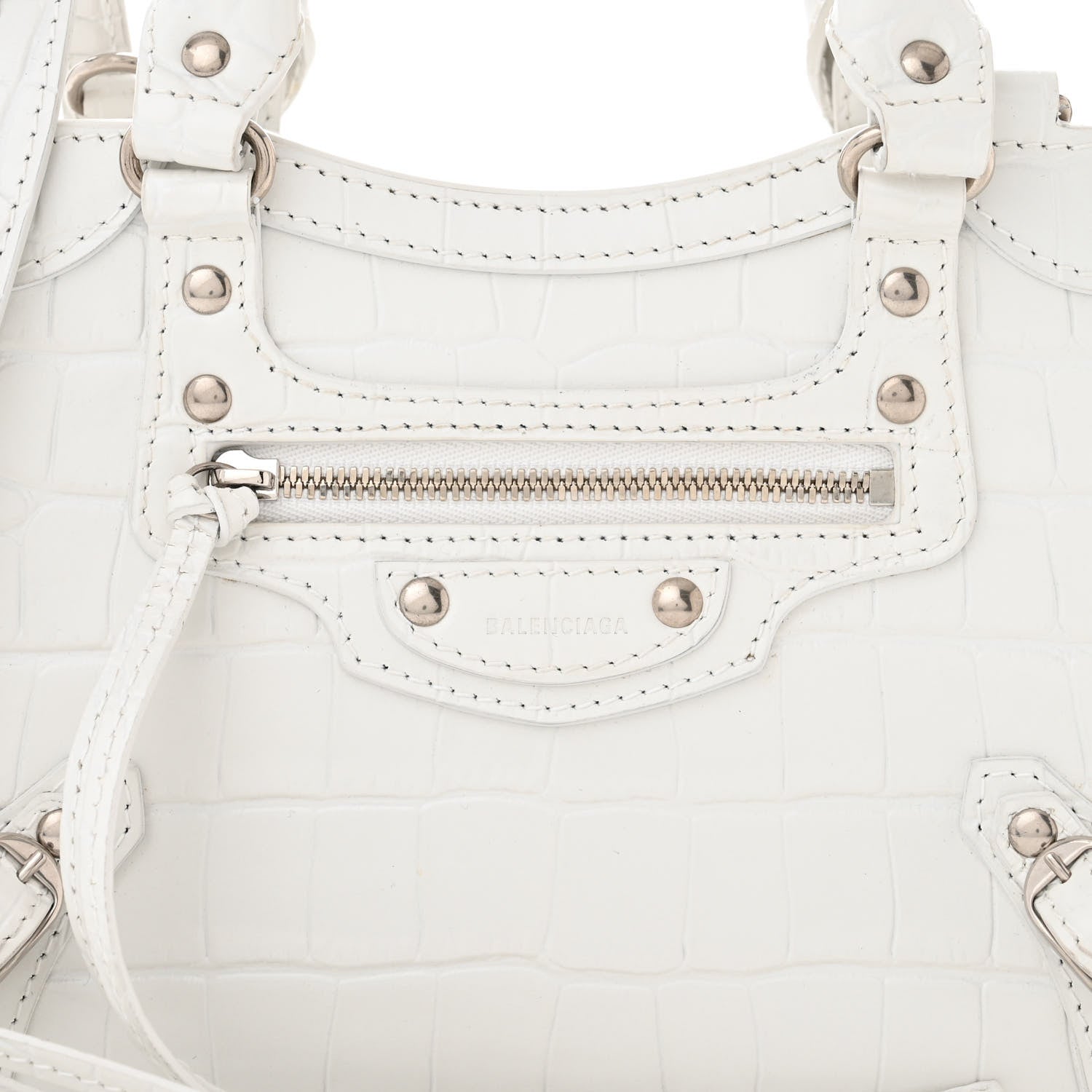 Balenciaga Semi Shiny Calfskin Crocodile Embossed Neo Classic Silver Hardware Mini City White 7 of 11