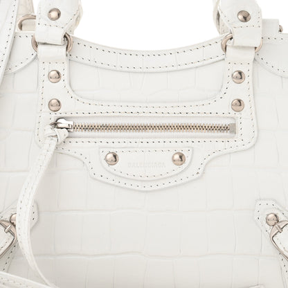 Balenciaga Semi Shiny Calfskin Crocodile Embossed Neo Classic Silver Hardware Mini City White 7 of 11
