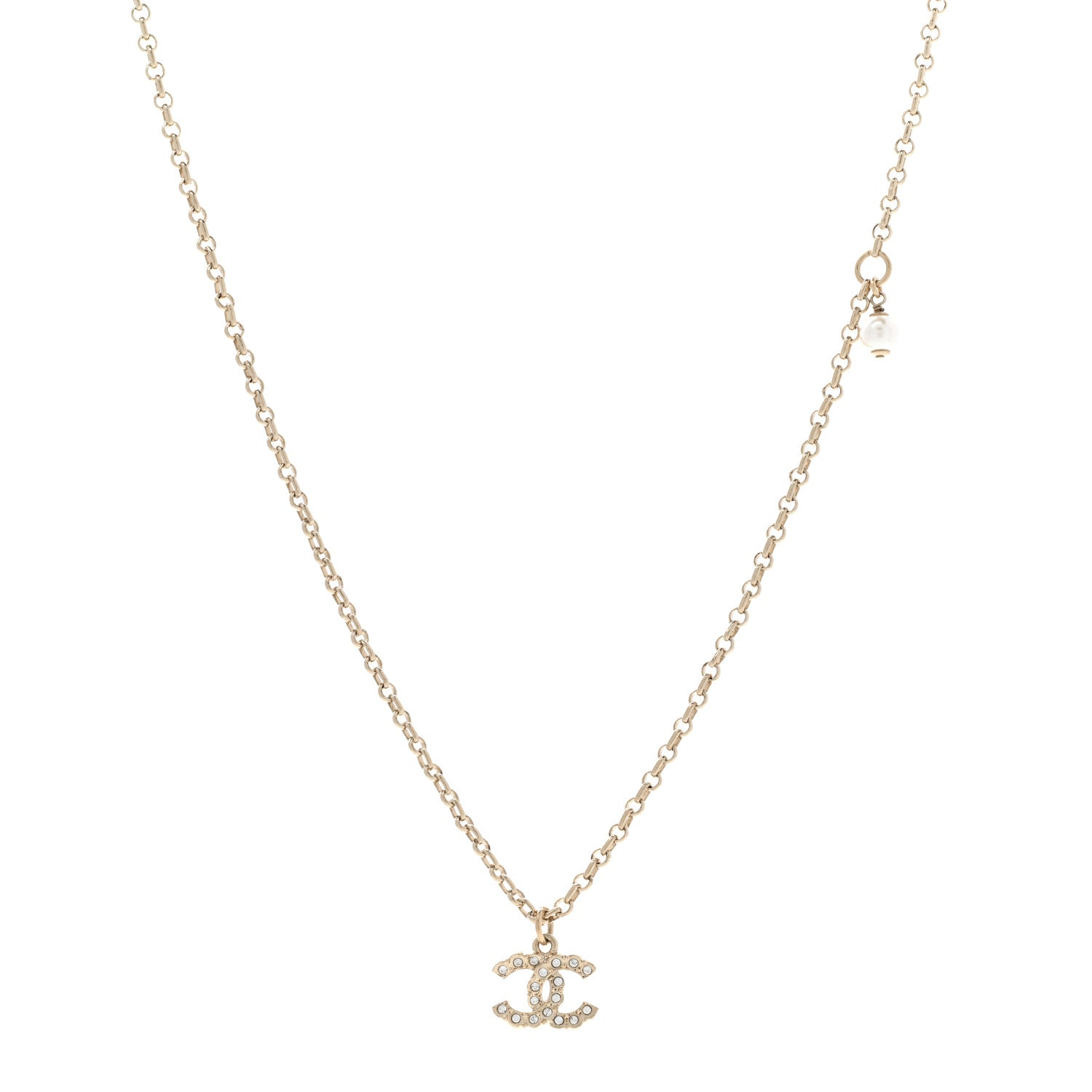 Chanel Metal Pearl Crystal CC Textured Pendant Necklace Gold 1 of 6