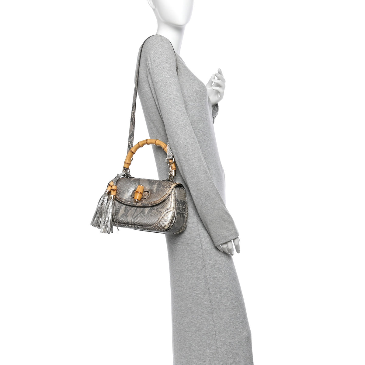 Gucci Metallic Snakeskin Medium New Bamboo Top Handle Bag Silver Multicolor 2 of 15