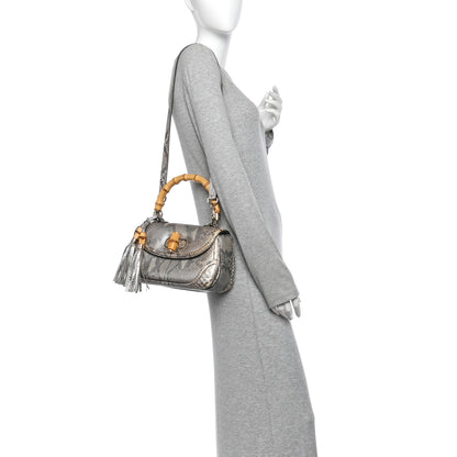 Gucci Metallic Snakeskin Medium New Bamboo Top Handle Bag Silver Multicolor 2 of 15