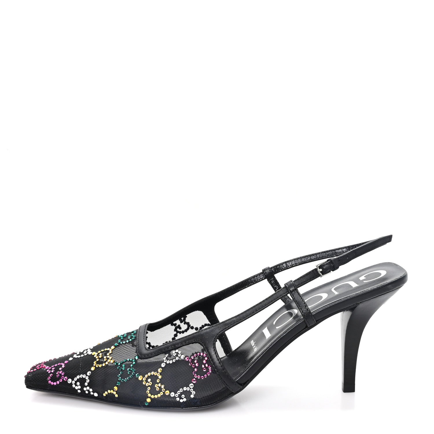 Gucci Tela Retino Nappa Charlotte Crystal GG Monogram Square G 75mm Slingback Pumps 39.5 Black 1 of 9