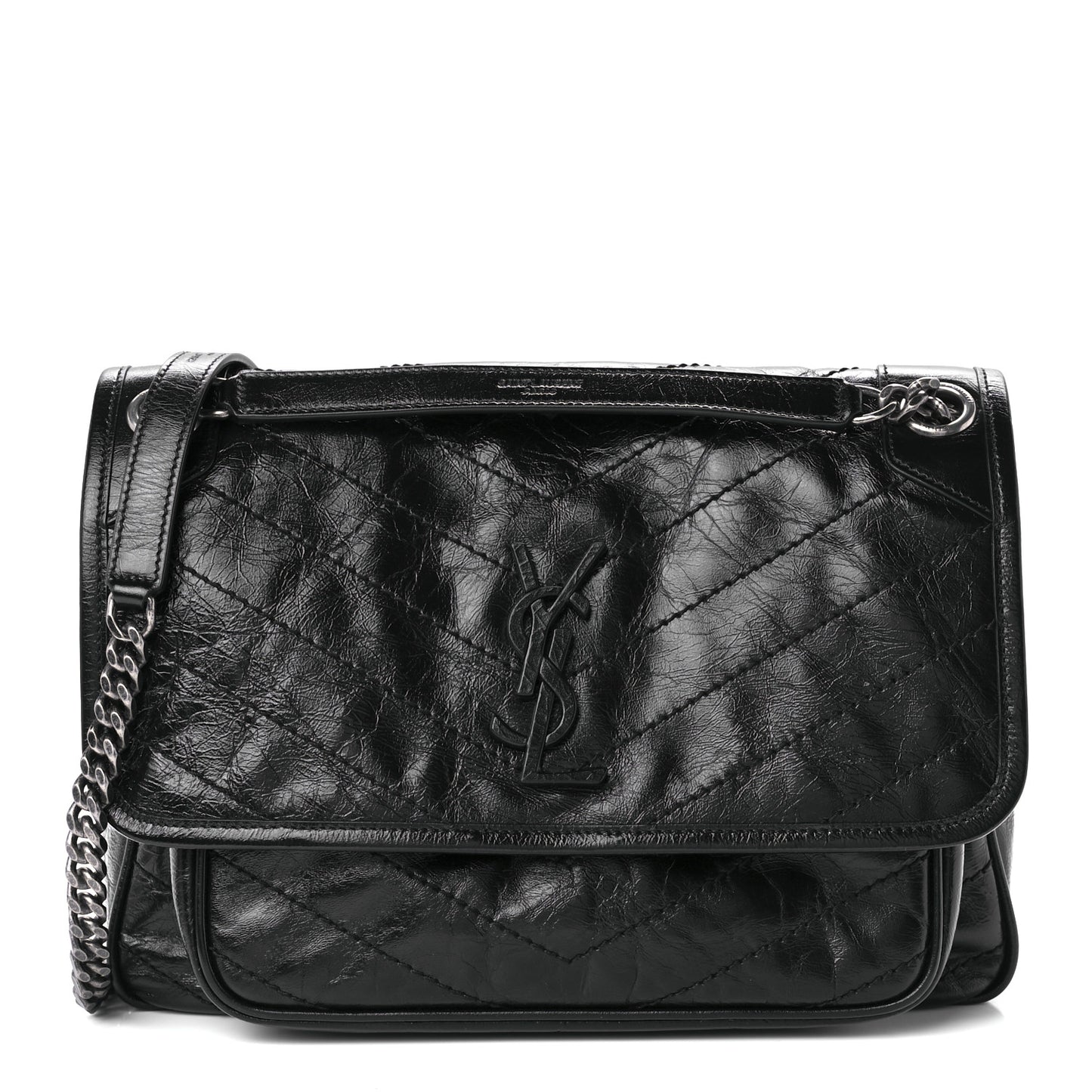 Crinkled Calfskin Matelasse Monogram Medium Niki Chain Satchel Black