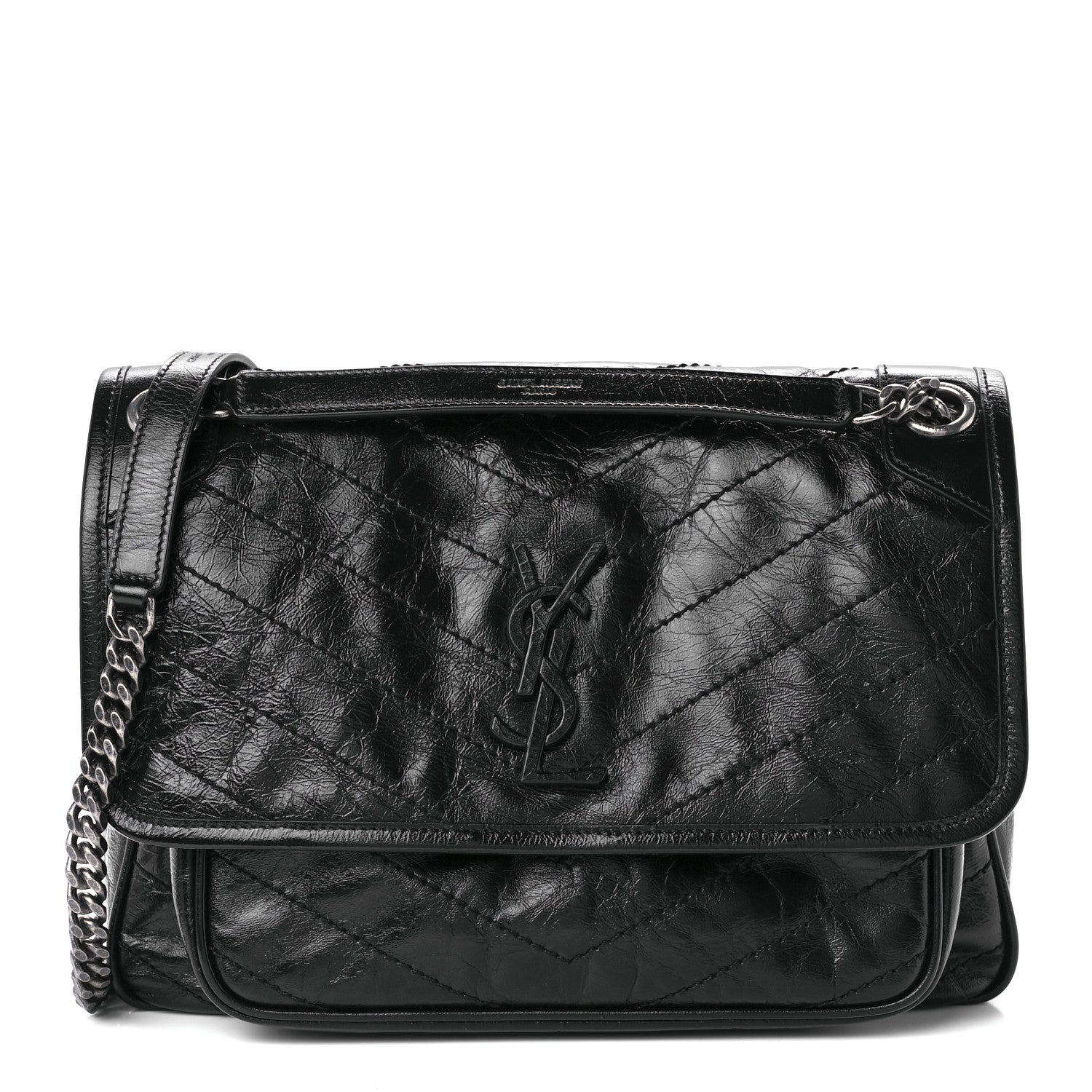 Saint Laurent Crinkled Calfskin Matelasse Monogram Medium Niki Chain Satchel Black 1 of 13