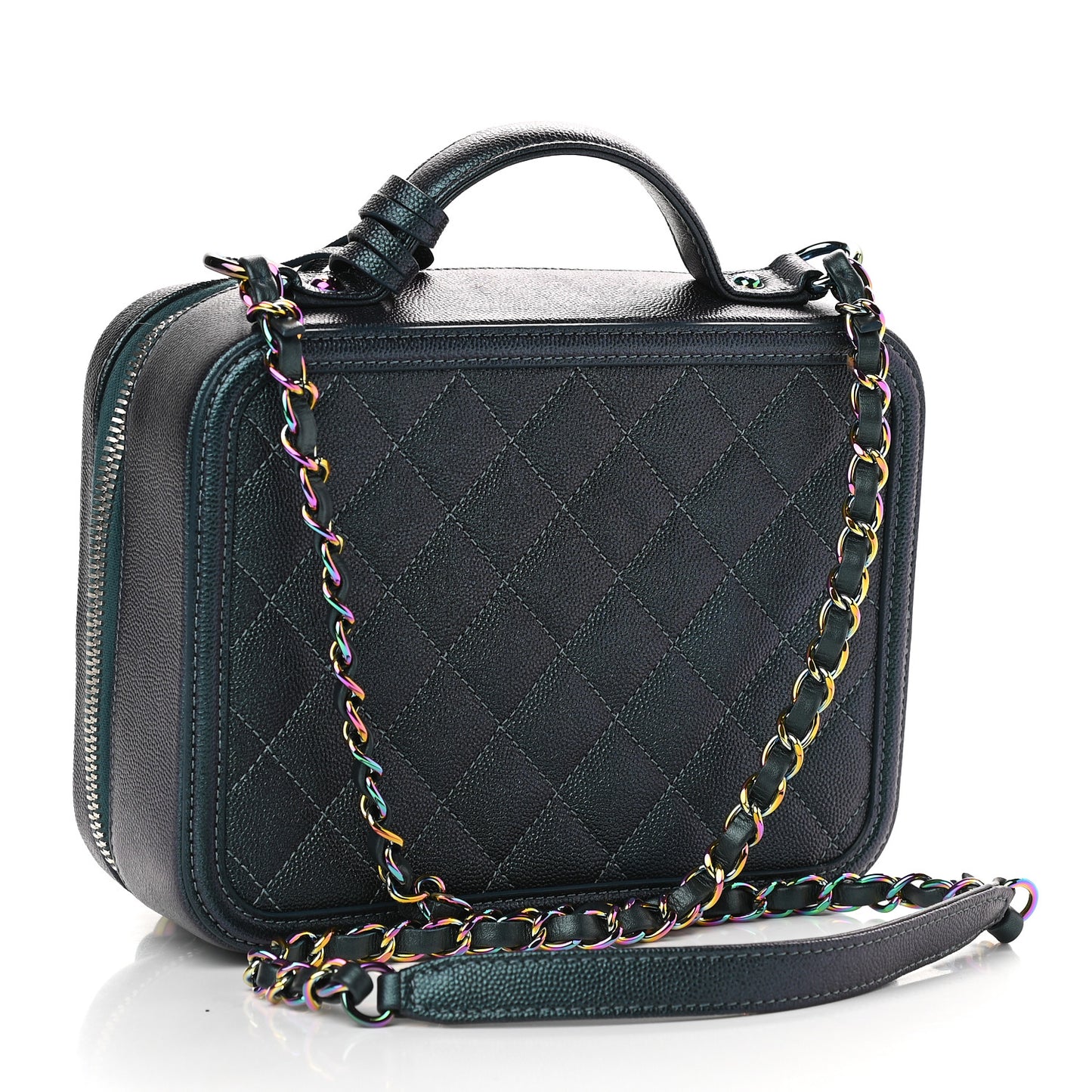 Iridescent Caviar Quilted Medium CC Filigree Vanity Case Dark Turquoise