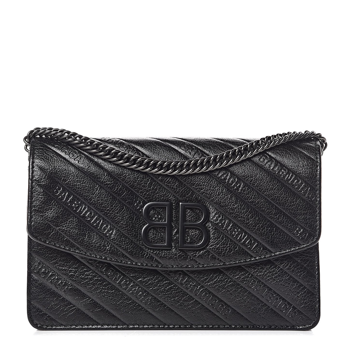Shiny Goatskin Logo Embossed Monochrome BB Wallet On Chain Black