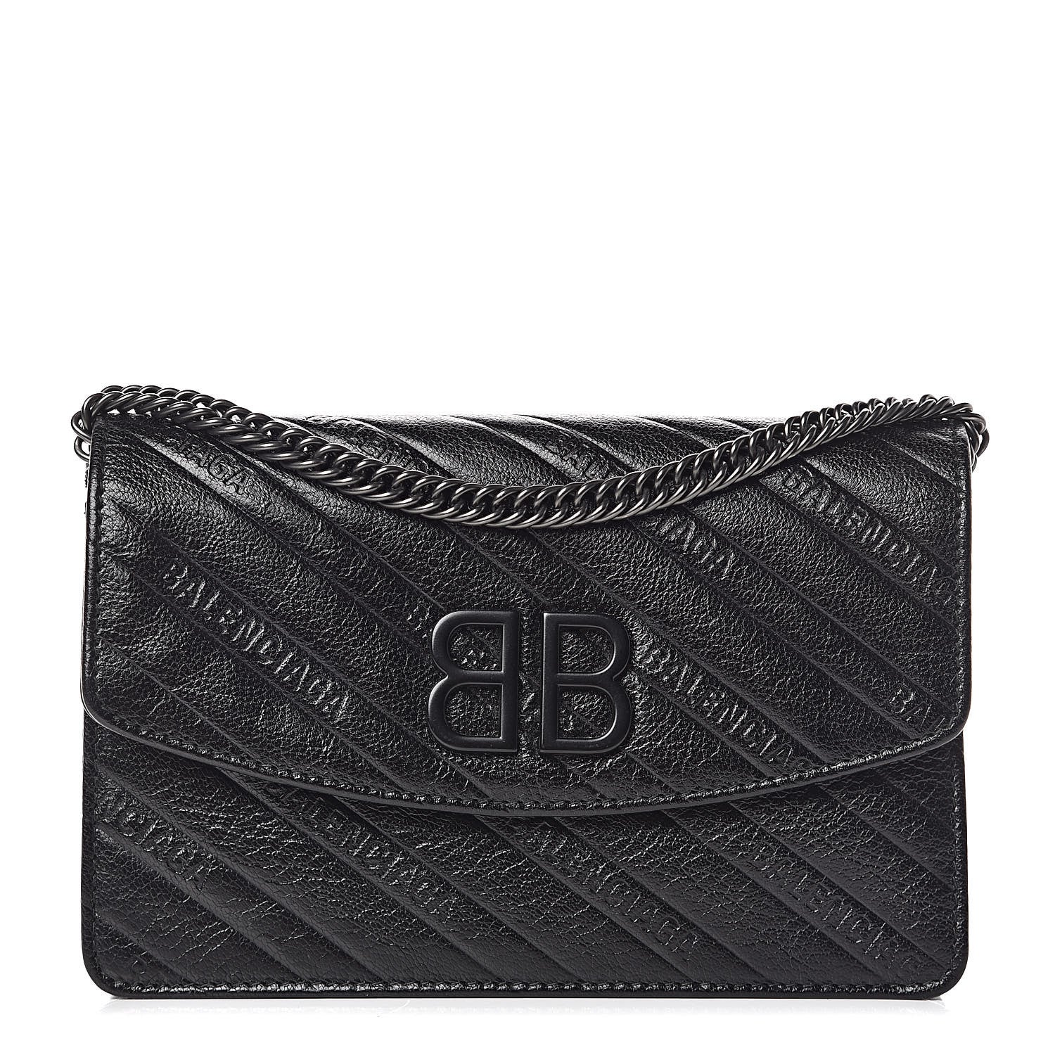 Balenciaga Shiny Goatskin Logo Embossed Monochrome BB Wallet On Chain Black 1 of 12