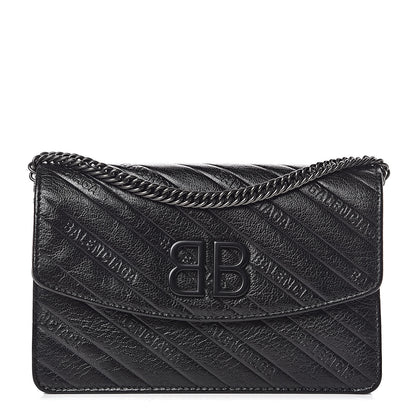 Balenciaga Shiny Goatskin Logo Embossed Monochrome BB Wallet On Chain Black 1 of 12