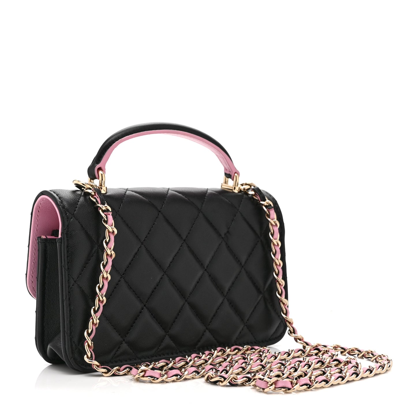 Lambskin Quilted Flap Phone Holder With Chain Black Lilac