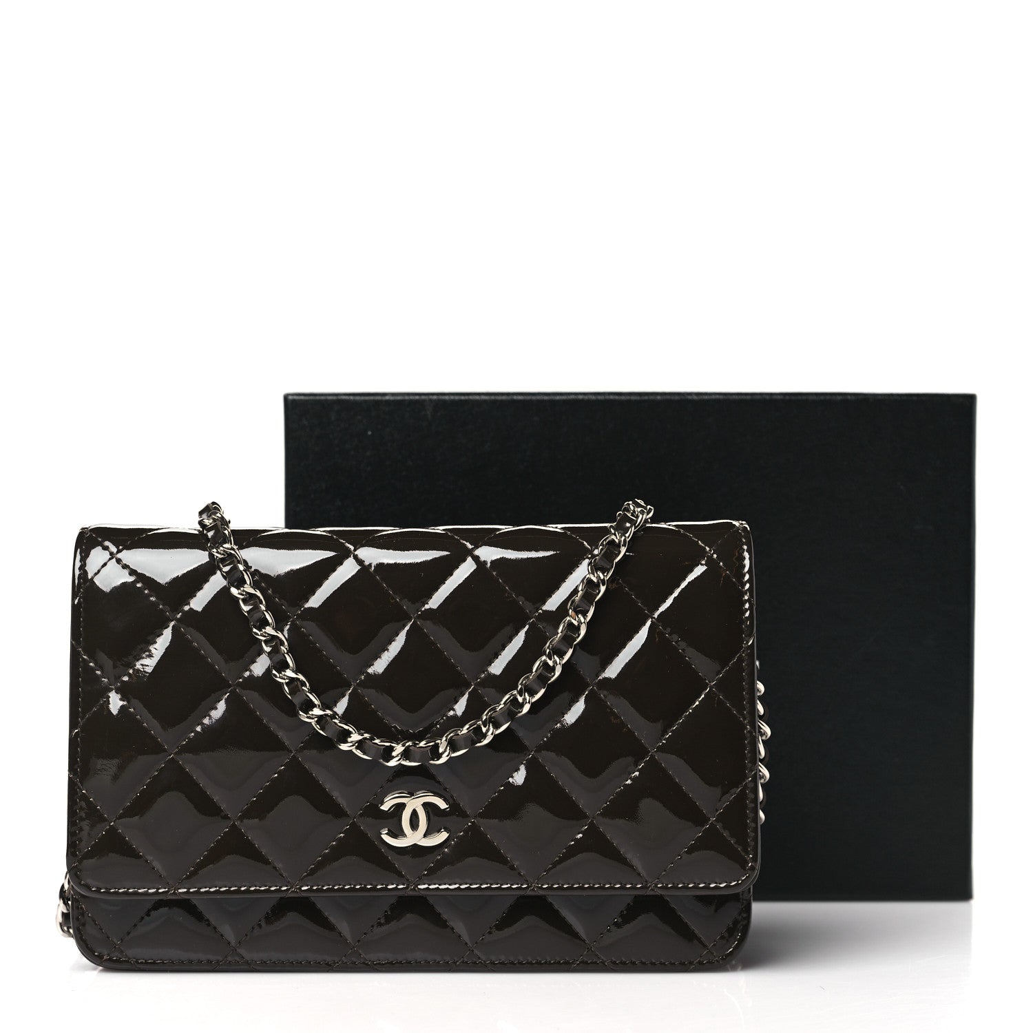 Chanel Patent Quilted Wallet On Chain WOC Dark Brown 12 of 12