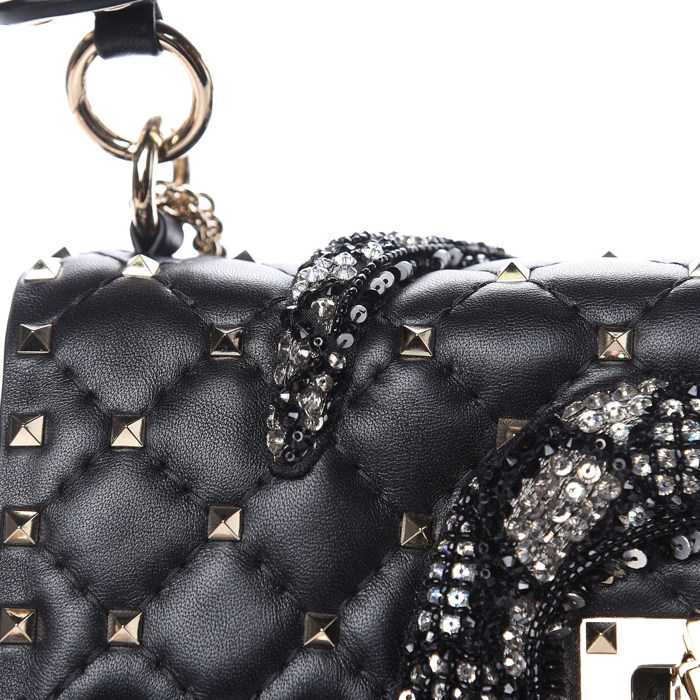 Lambskin Sequin Snake Medium Rockstud Spike Shoulder Bag Black