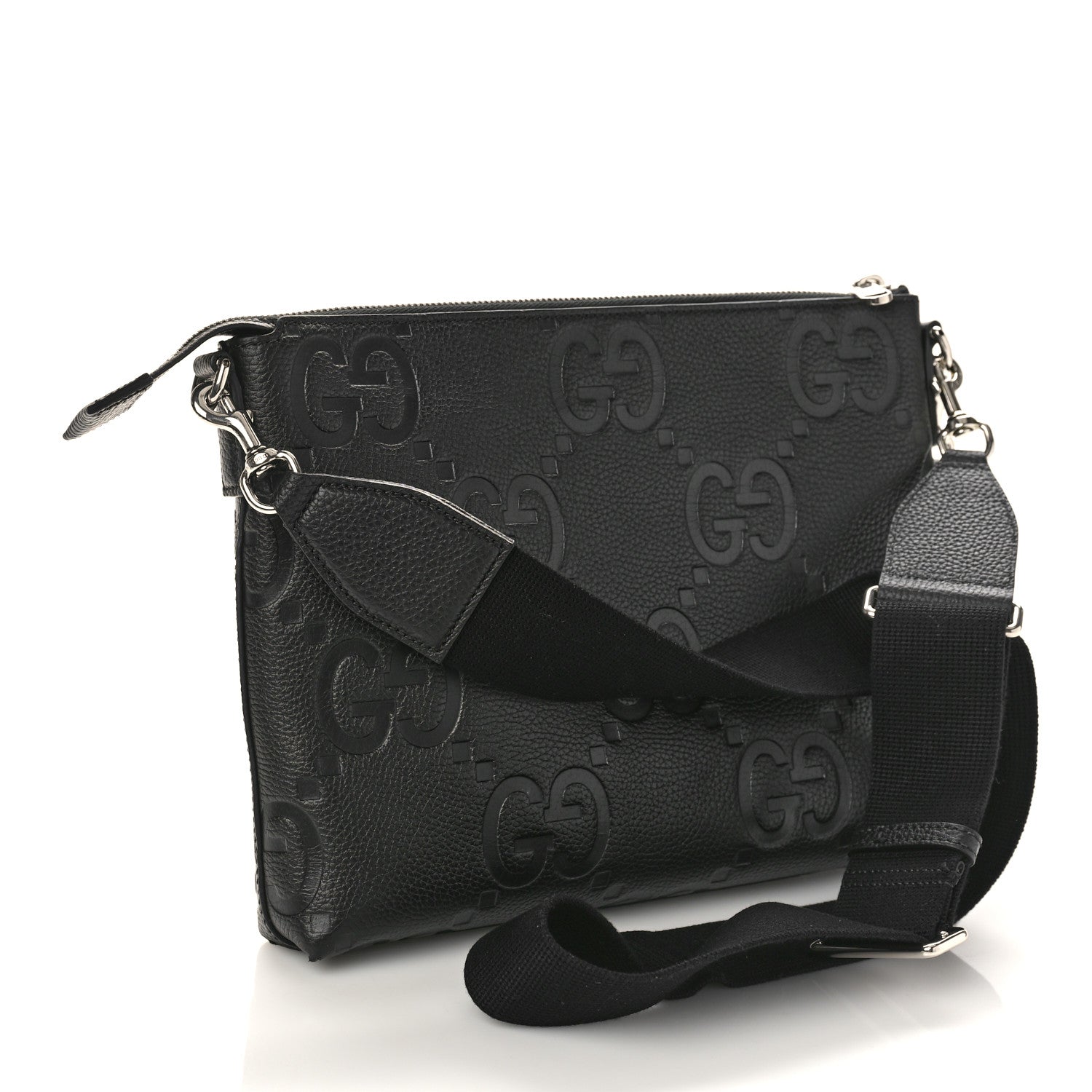 Gucci Piuma Calfskin Jumbo GG Embossed Medium Wristlet Messenger Bag Black 3 of 9