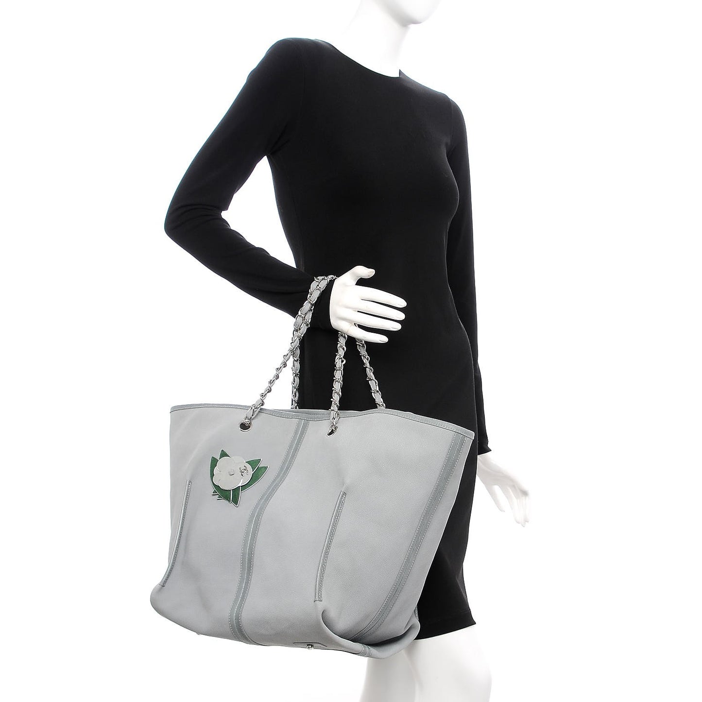 Iridescent Caviar Camellia Flower Shopping Tote Grey