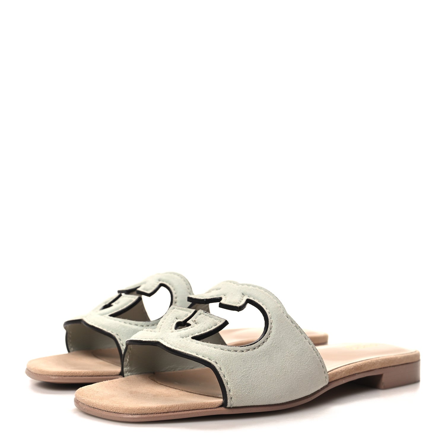Gucci Kid Scamosciato Interlocking G Cut Out Slide Sandals 36.5 Pale Green 3 of 8
