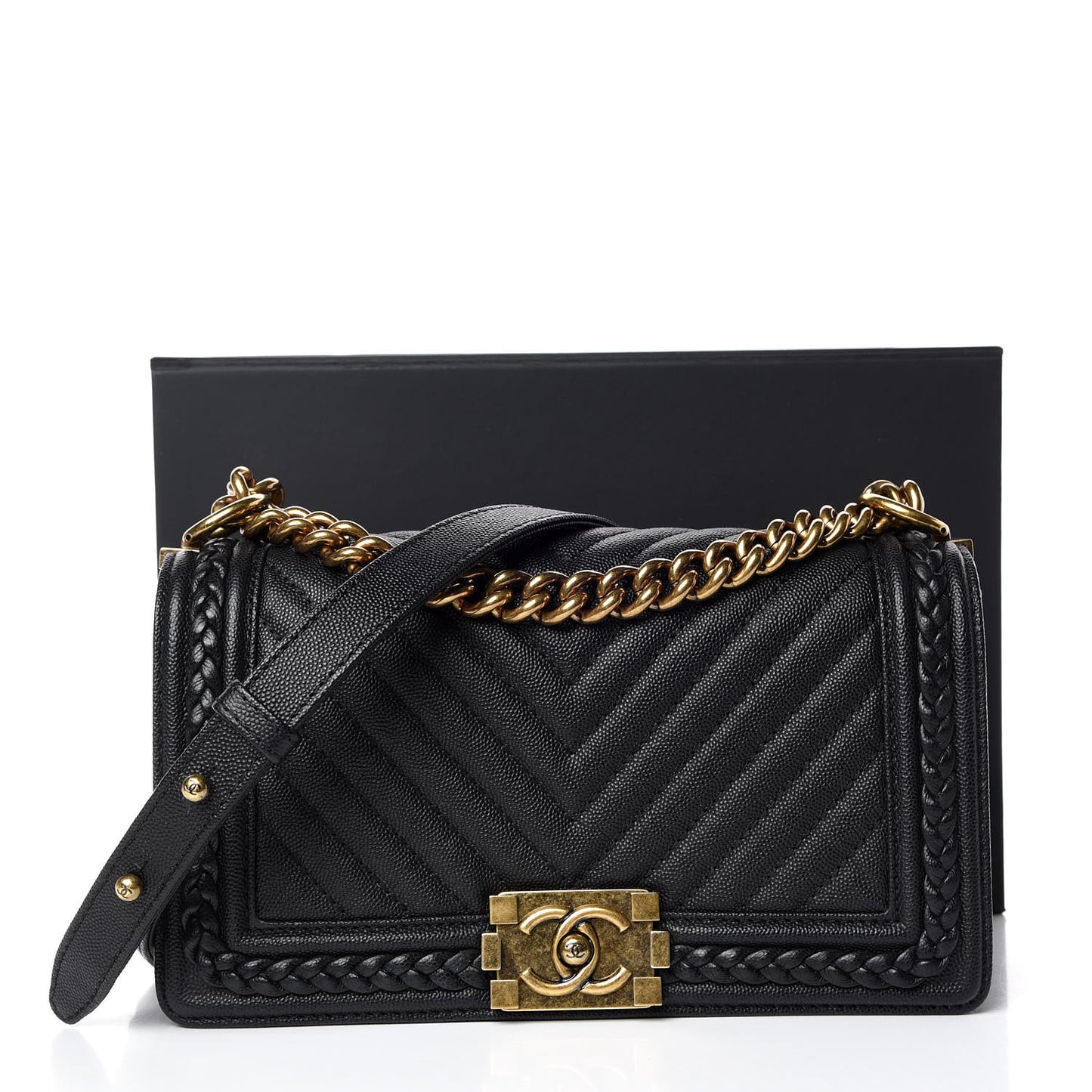 Caviar Chevron Quilted Braided Medium Boy Flap Black