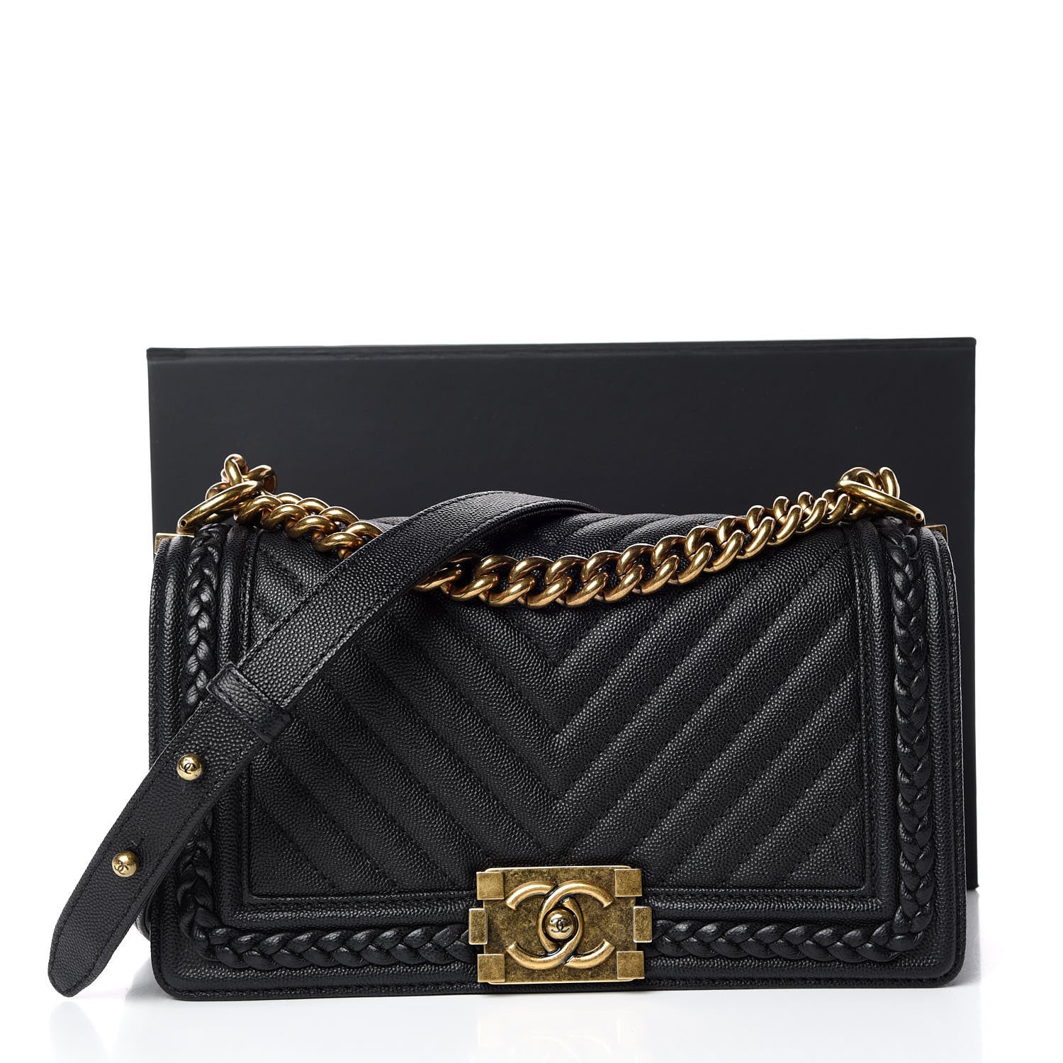 Chanel Caviar Chevron Quilted Braided Medium Boy Flap Black 9 of 9