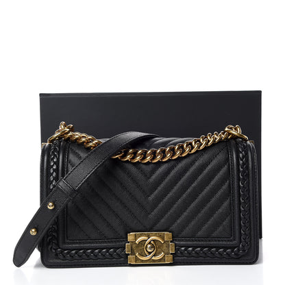Chanel Caviar Chevron Quilted Braided Medium Boy Flap Black 9 of 9