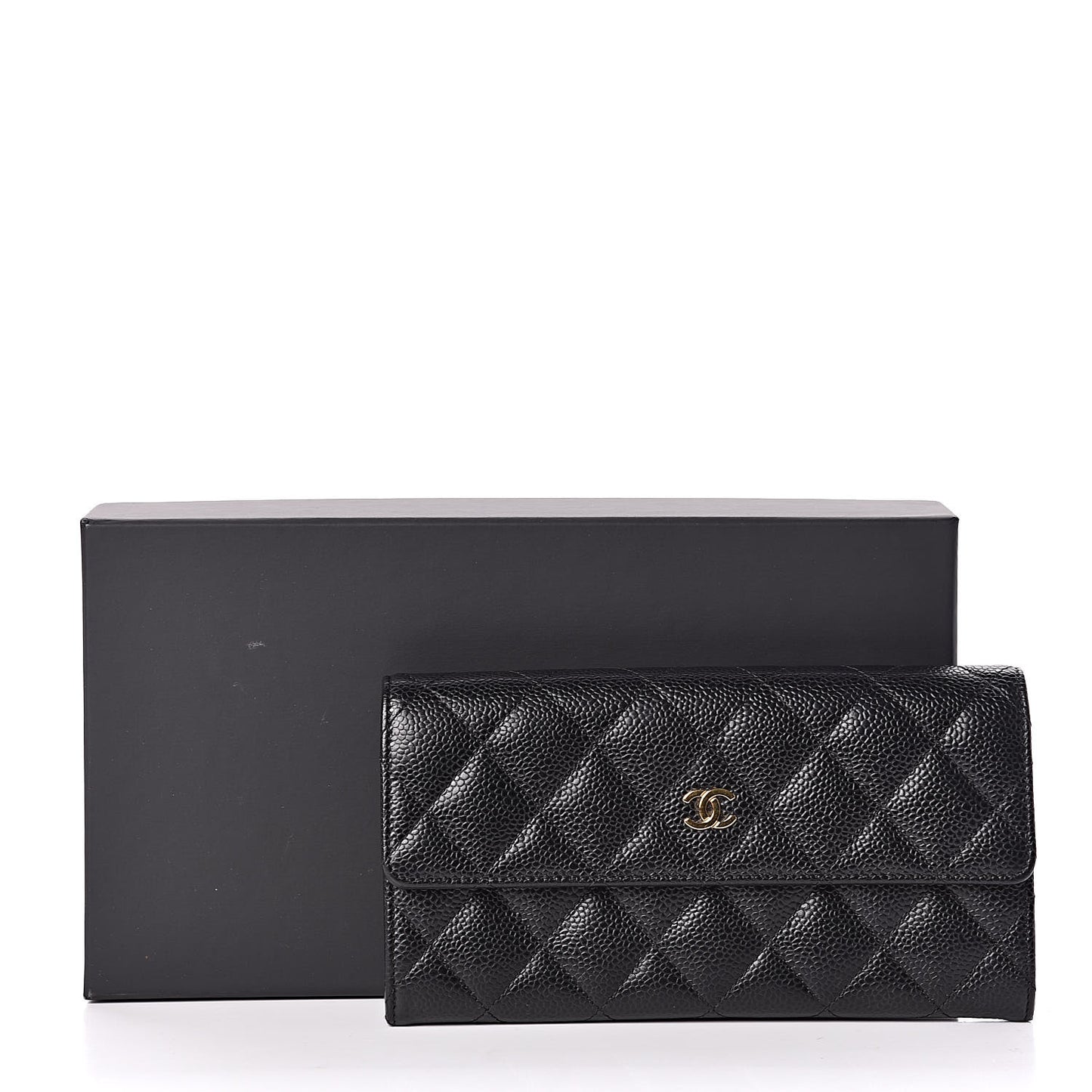 Caviar Quilted Large Gusset Flap Wallet Black