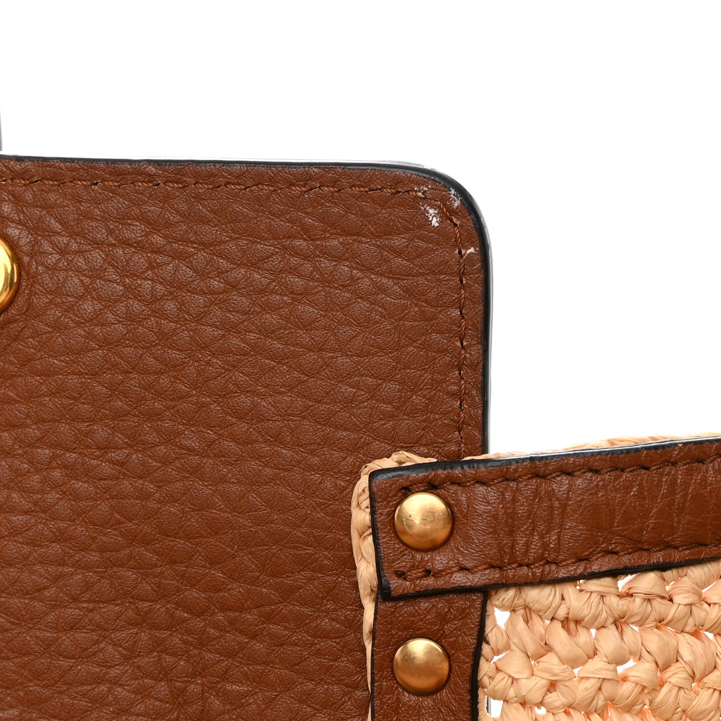 Raffia Calfskin Rockstud Tote Naturale Saddle Brown