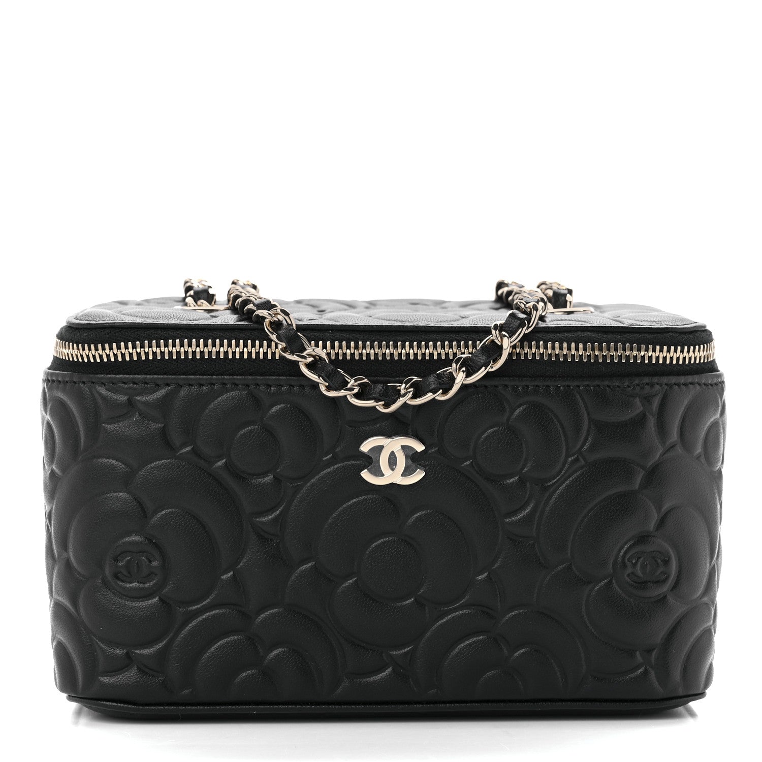 Chanel Lambskin Camellia Embossed Small Vanity Case With Chain Black 1 of 9