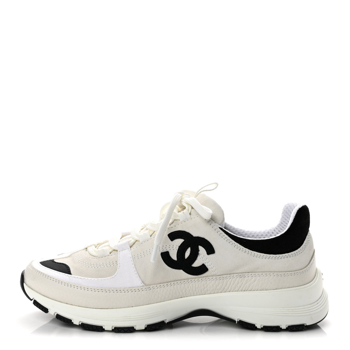 Suede Calfskin Grosgrain Womens CC Sneakers 38 White Black