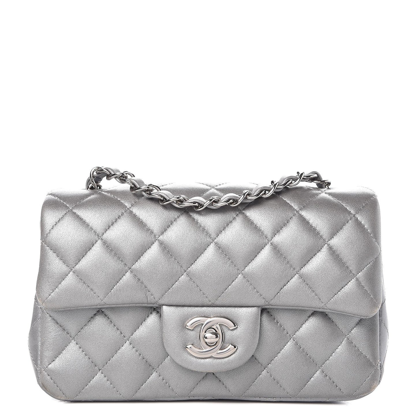 Metallic Lambskin Quilted Mini Rectangular Flap Silver