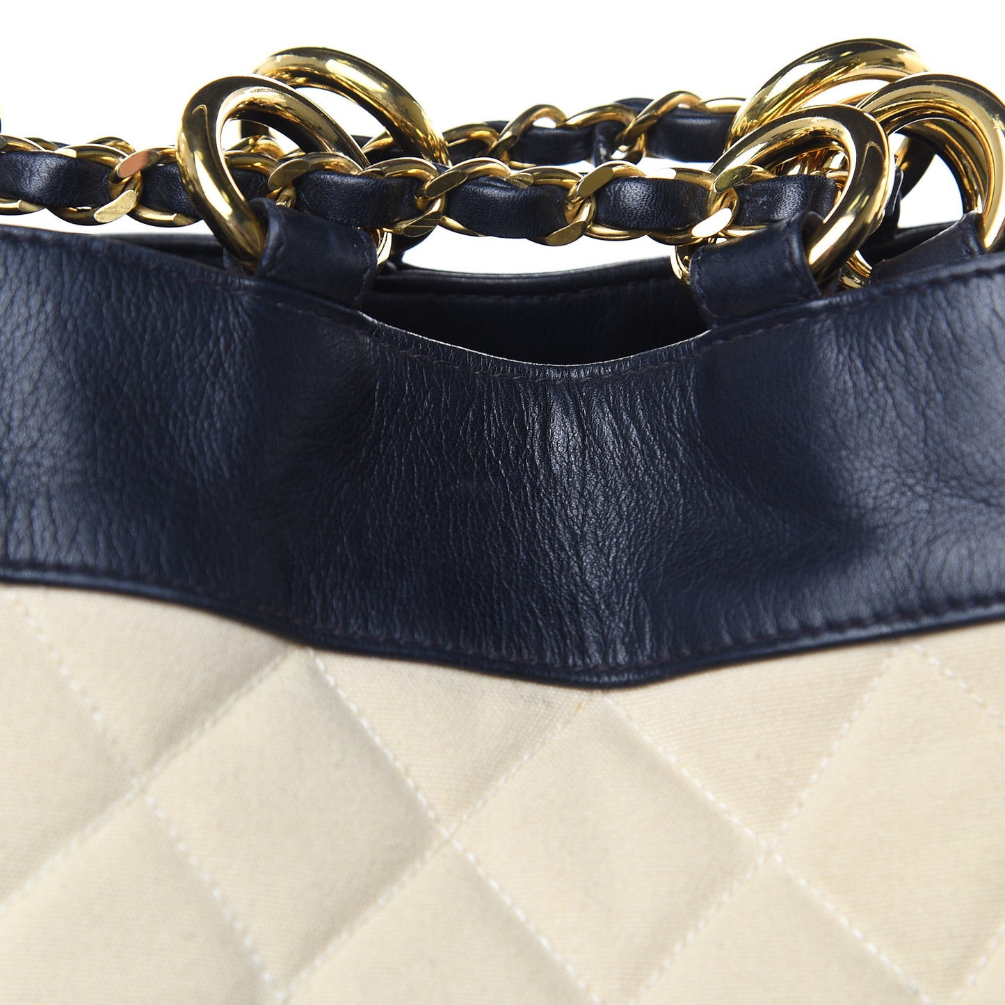 Lambskin Canvas Quilted CC Drawstring Shoulder Bag Beige Navy