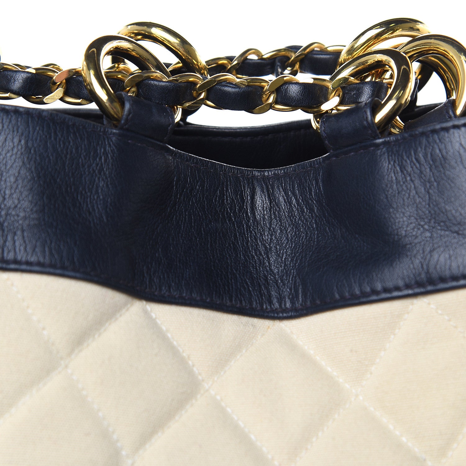 Chanel Lambskin Canvas Quilted CC Drawstring Shoulder Bag Beige Navy 12 of 15