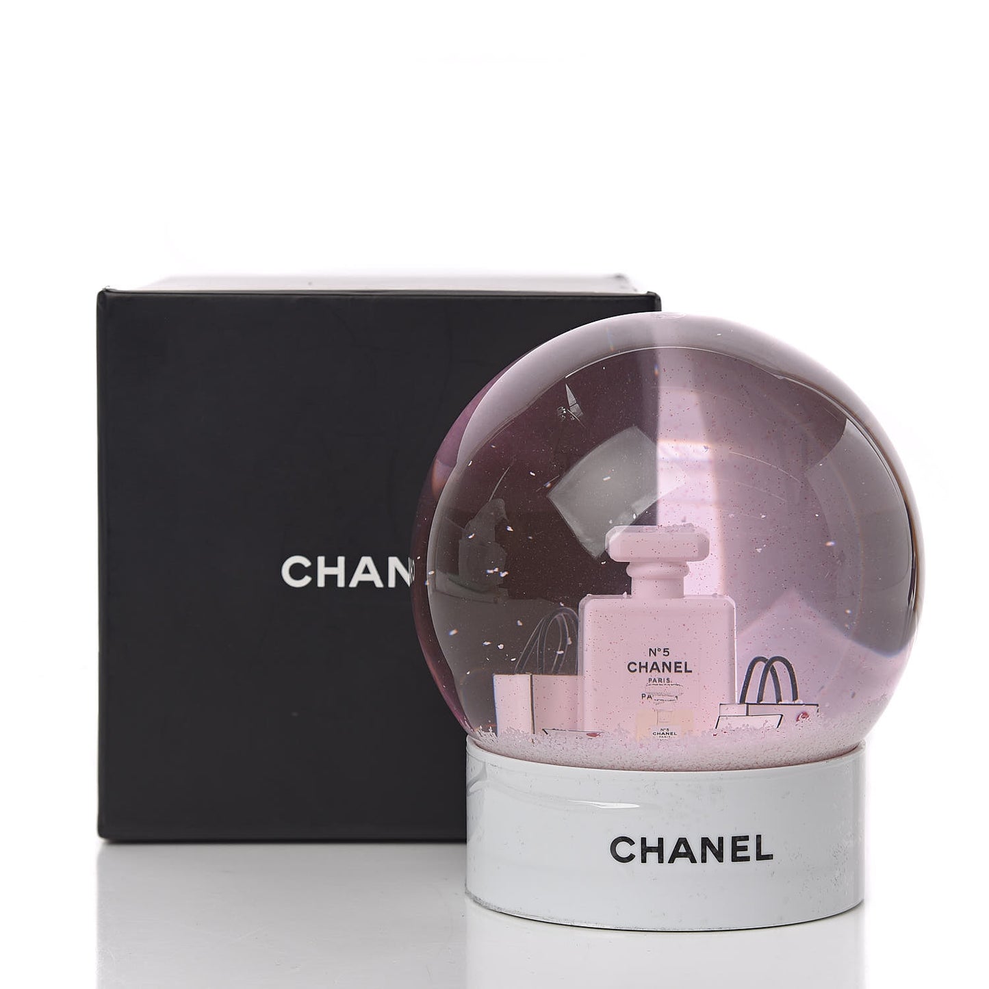 Glass N°5 Perfume Bottle Snow Globe Pink