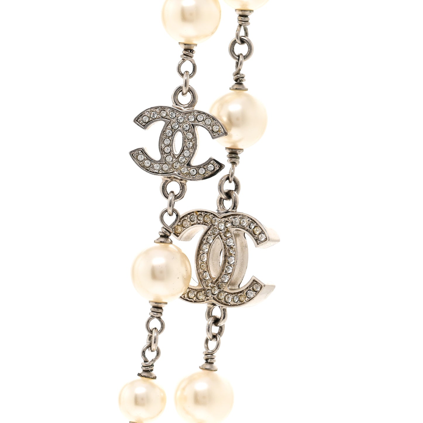 Crystal Pearl CC Long Necklace Silver