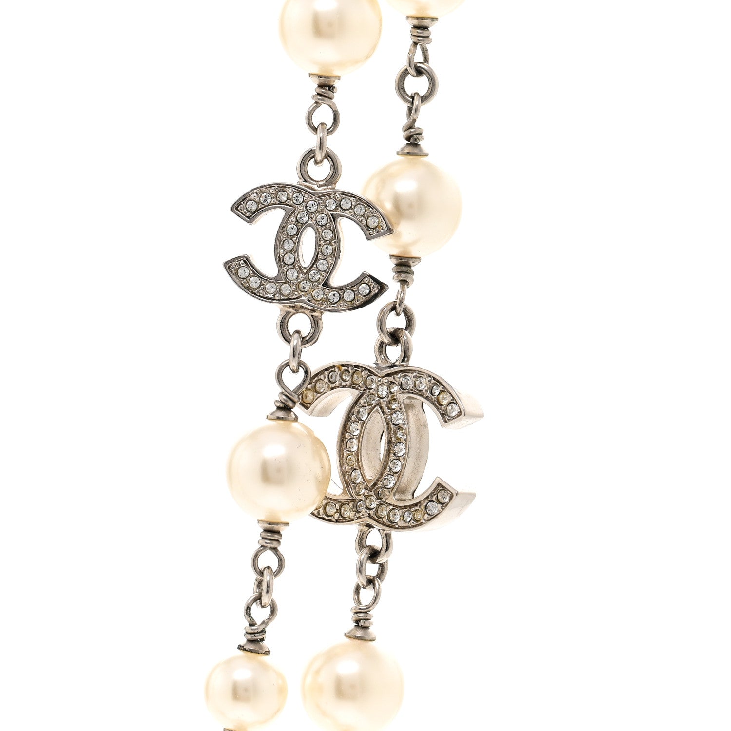Chanel Crystal Pearl CC Long Necklace Silver 4 of 6