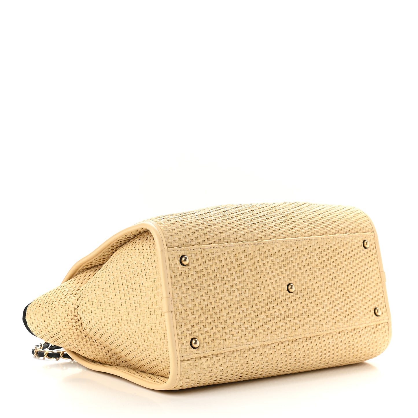 Straw Raffia Calfskin Chain Medium Deauville Tote Beige Black