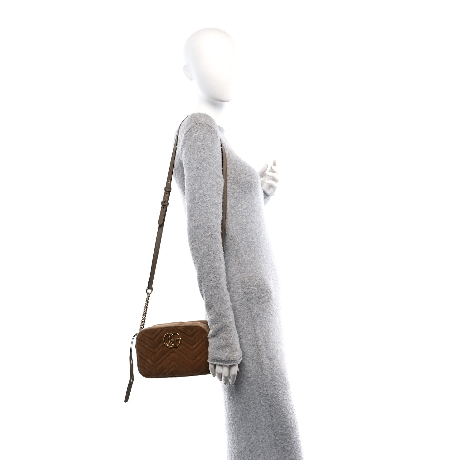 Gucci Velvet Matelasse Small GG Marmont Chain Shoulder Bag Taupe 2 of 10