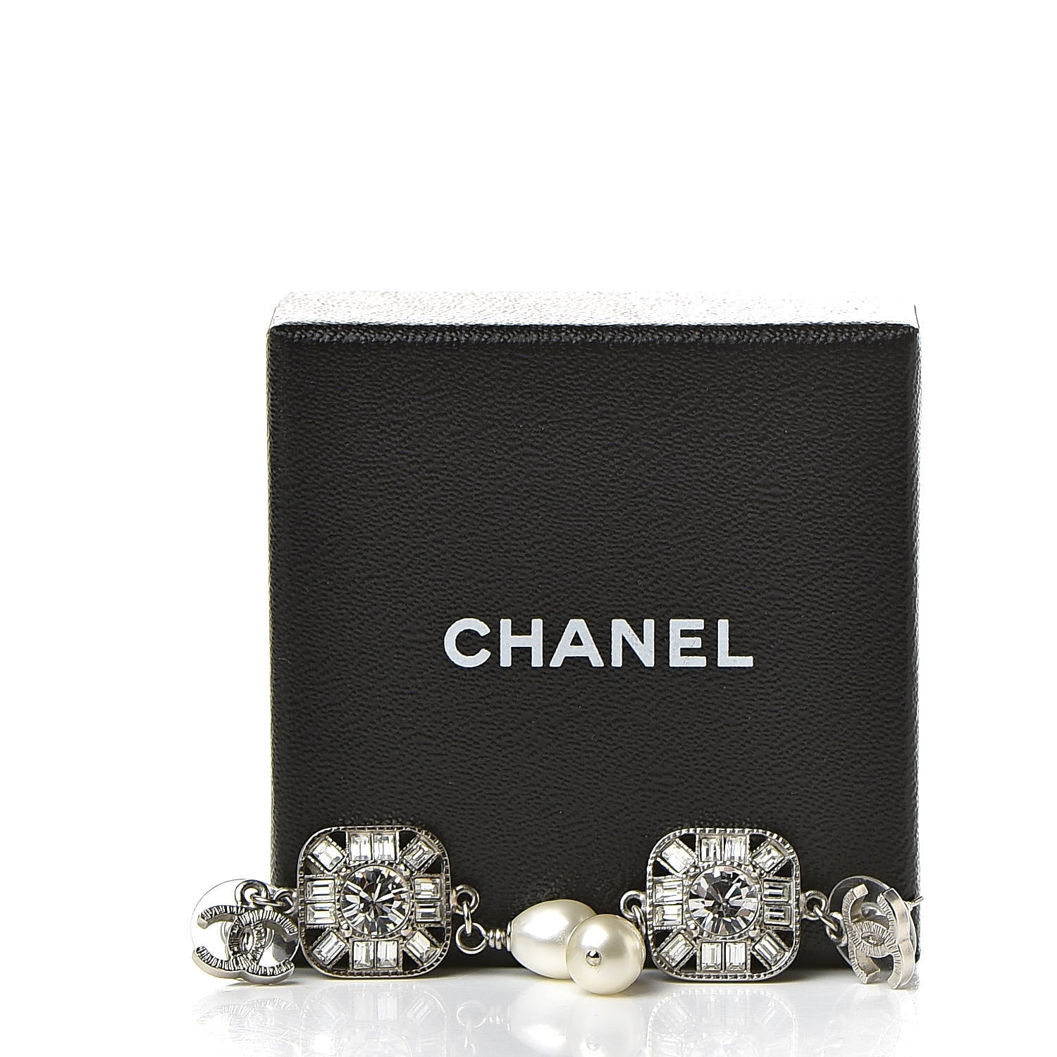 Chanel Pearl Crystal CC Square Drop Earrings Silver 5 of 5