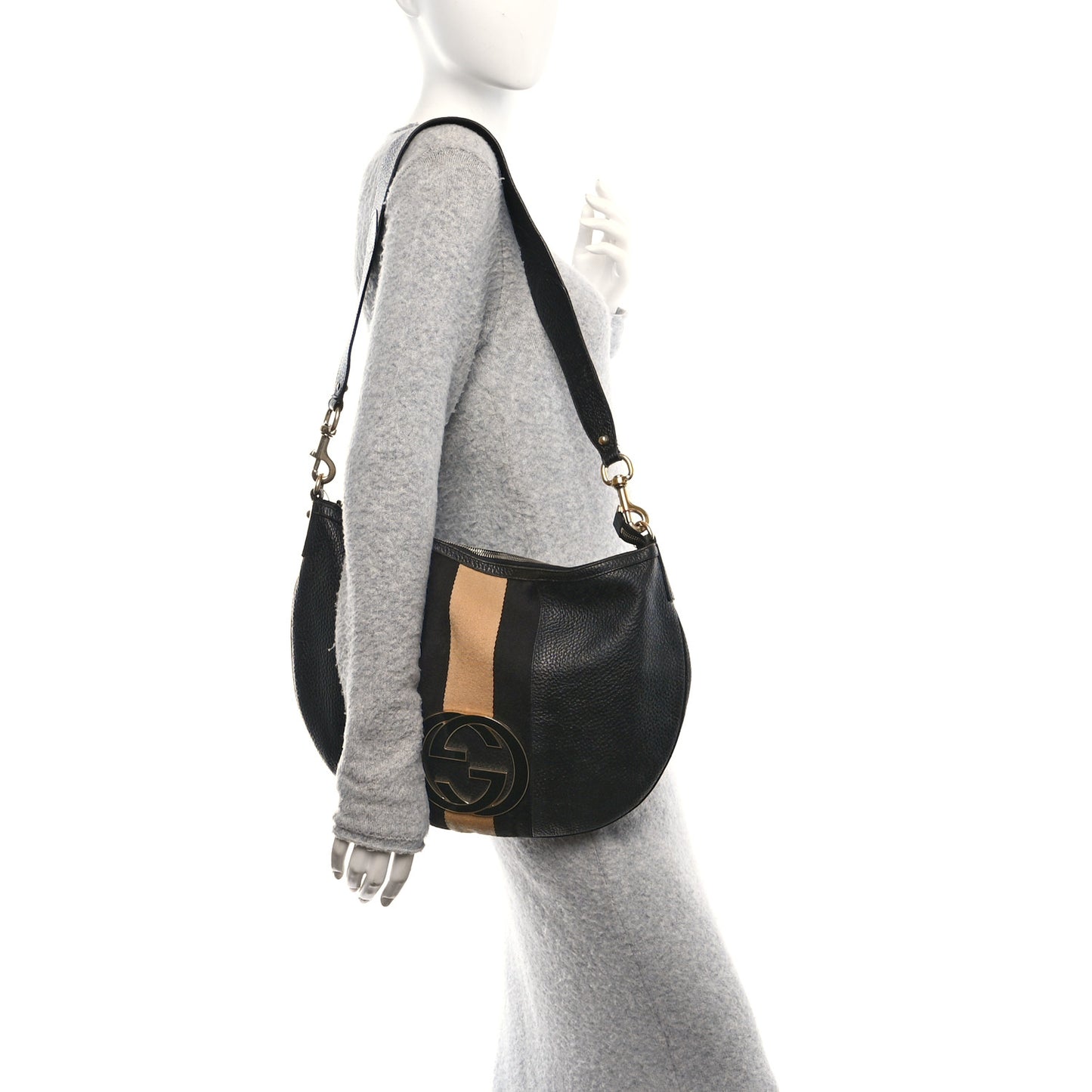 Pebbled Calfskin Web Blondie Hobo Black Beige