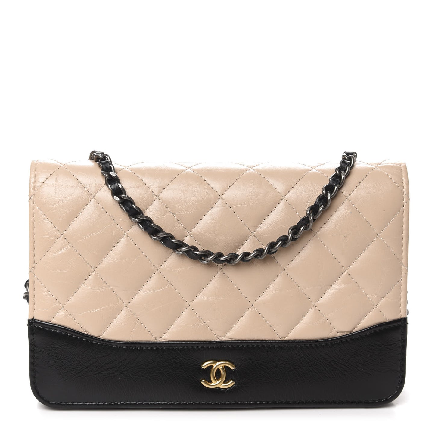 Aged Calfskin Quilted Gabrielle Wallet On Chain WOC Beige Black