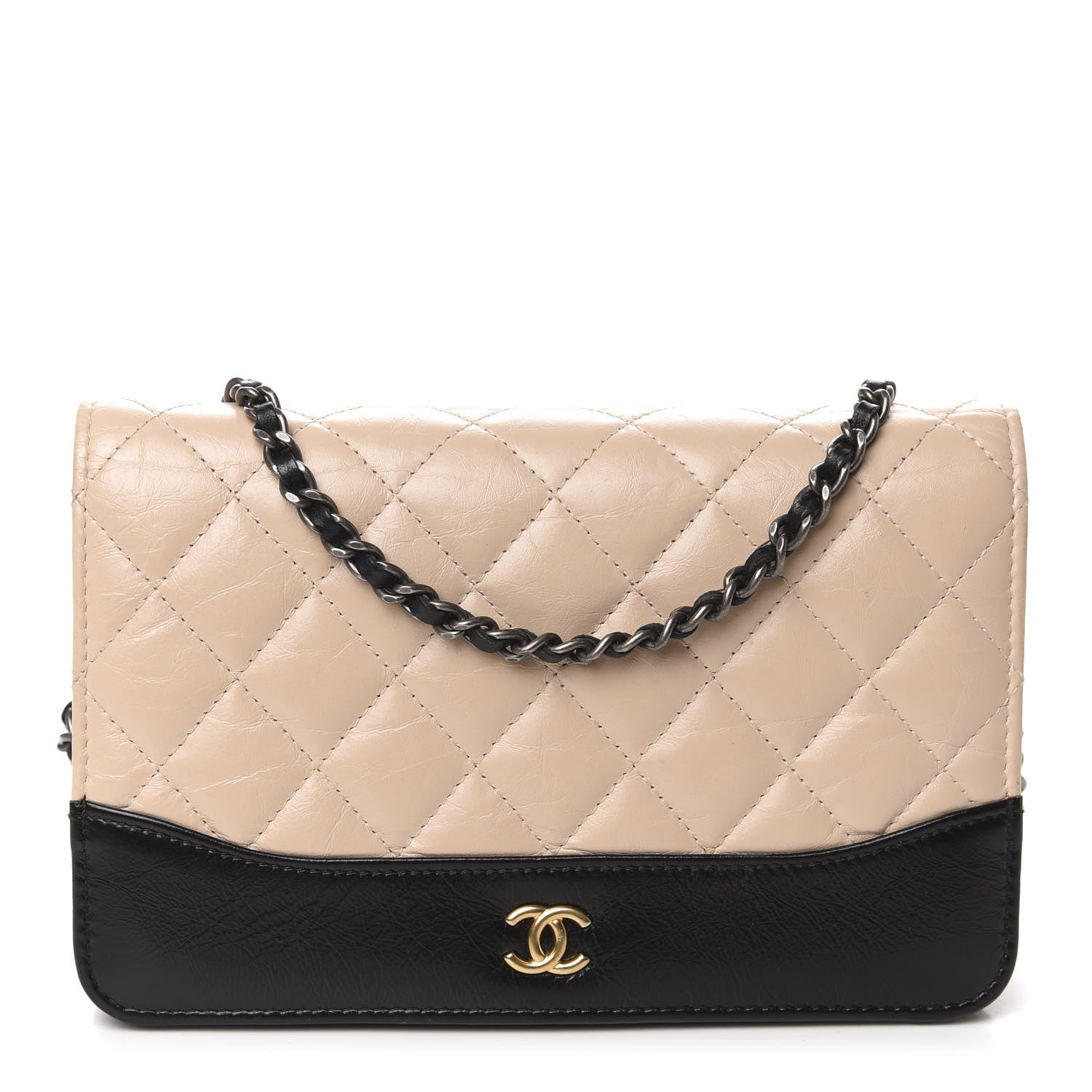 Chanel Aged Calfskin Quilted Gabrielle Wallet On Chain WOC Beige Black 1 of 14