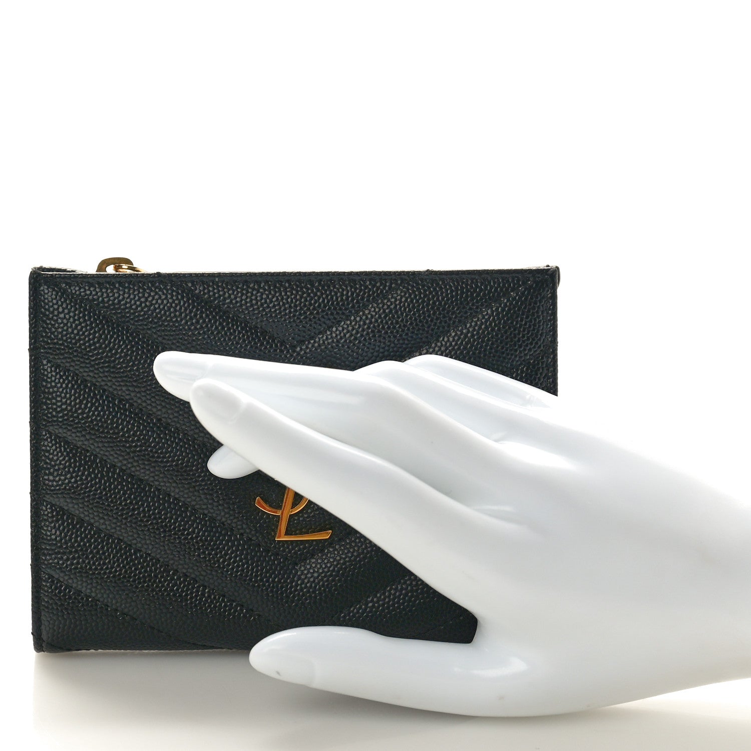 Saint Laurent Grain De Poudre Matelasse Chevron Monogram Zipped Card Case Black 2 of 9