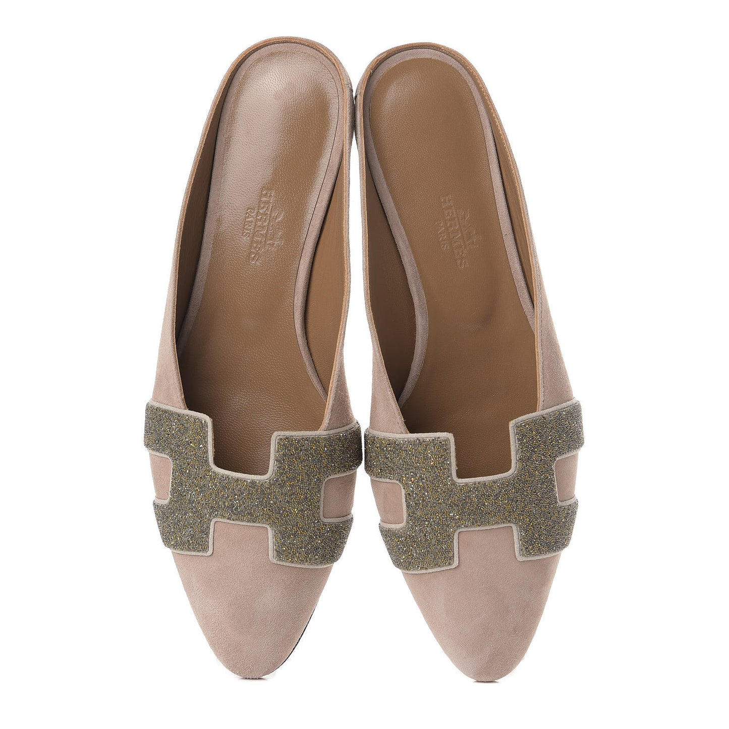 Suede Goatskin Crystal Roxane Mules 36 Champagne Rose Grey